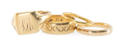 FOUR GOLD RINGS, comprising three 9ct gold rings including engraved, signet and plain (11.0g gross),