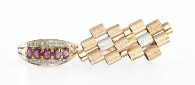 RUBY & DIAMOND CLUSTER RING in 9ct gold, centred with a row of five oval-cut rubies bordered with