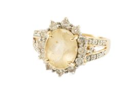 14KT GOLD BELIEVED CITRINE & DIAMOND CLUSTER RING, diamond chip shoulders, ring size O, 4.8g