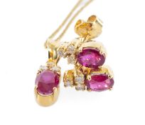 RUBY & DIAMOND PARURE, ruby & brilliant-cut diamond pendant set in 18ct yellow gold, 18mm drop, pair