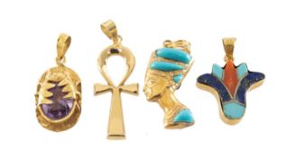 ASSORTMENT OF EGYPTIAN YELLOW METAL PENDANTS comprising amethyst scarab, lotus flower inset with