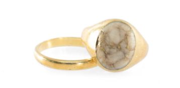 22CT GOLD WEDDING RING, size O, 2.2g; and an unmarked 18ct gold signet ring, inset with gold bearing