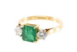 18CT GOLD EMERALD & DIAMOND RING, the emerald appr 7 x 6mm, total diamond wt. approx. 0.4cts,