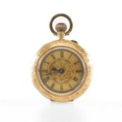 14K GOLD OPEN-FACED FOB WATCH, the circular dial with foliate decoration and Roman numerals, top