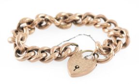 9CT GOLD ENGRAVED HOLLOW CURB-LINK BRACELET with foliate engraved padlock clasp, safety chain, 18cms