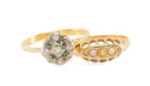 18CT GOLD DIAMOND CHIP CLUSTER RING, together with yellow metal pearl ring, 3.8g gross (2)