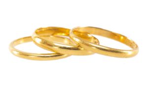 THREE 22CT GOLD WEDDING BANDS, total wt. approx. 6.0g (3) Provenance: private collection Yorkshire