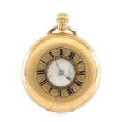 18CT GOLD HALF-HUNTER POCKET WATCH, white enamel stepped dial with Roman numerals, outer minute