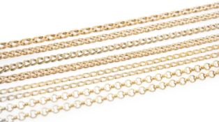 FIVE 9CT GOLD CHAINS, comprising curb link, fine, circle link etc, 24.5g gross (5) Provenance: