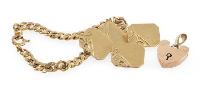 PAIR OF 9CT GOLD CHAIN CUFFLINKS, 9.9g; a 9ct gold hollow curb-link bracelet (broken), with a 9ct