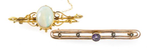 9CT GOLD CABOCHON OPAL BROOCH, 44mms, the opal approx. 13 x 10mms, 3.2g; and an amethyst and pearl
