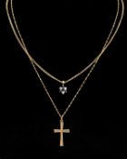 TWO 9CT GOLD PENDANT ON CHAINS comprising 9ct gold sapphire & white stone flowerhead pendant on