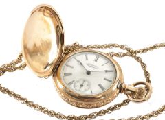 YELLOW METAL WALTHAM FULL-HUNTER FOB WATCH, engine turned, engraved cartouche, foliate borders,