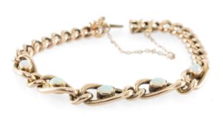9CT GOLD & OPAL FIVE-STONE CURB-LINK BRACELET, 17cms (l), with safety chain, 11.4g Provenance: