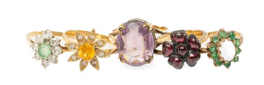 FIVE 9CT GOLD RINGS, set with assorted gems to include opal, amethyst, garnet, 14.2g (5) Provenance: