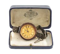 14K GOLD SWISS FOB WATCH, key-wind lever movement, gold Roman dial, floral engraved back case and