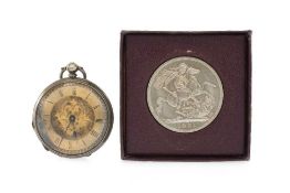 VICTORIAN SILVER FOB WATCH & SILVER CROWN, key wind lever movement with foliate engraved case with