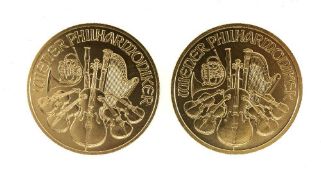 TWO AUSTRIAN PHILHARMONIC 100 EURO, 1oz fine gold coins, 2009 and 2013 Provenance: deceased estate