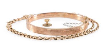 9CT GOLD JEWELLERY comprising engraved bangle, chain and stud, 13.4g gross (3) Provenance: private