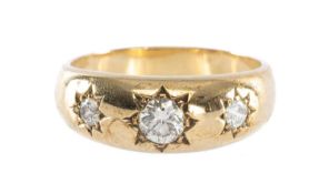 DIAMOND THREE-STONE GYPSY STYLE RING, centred with a round brilliant approx. 0.5cts, flanked by