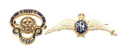 TWO 9CT GOLD & ENAMEL BROOCHES comprising British Legion brooch numbered 'G6331' and RFC