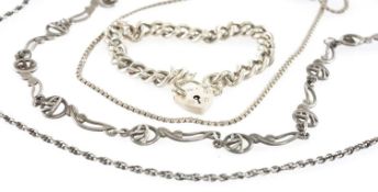 MACINTOSH STYLE STERLING SILVER NECKLACE, 63cms (l); curb-link bracelet with padlock clasp, 17cms (