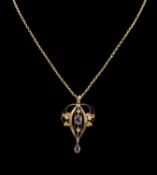 EDWARDIAN 9CT GOLD AMETHYST & SEED PEARL PENDANT NECKLACE, on belcher-link chain, gross wt.