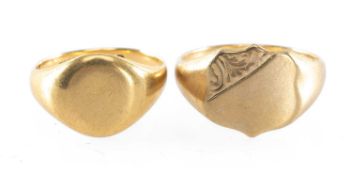 18CT GOLD SIGNET RING, uninscribed, Birmingham 1925, size N, 6.9g; and a 9ct gold signet ring,