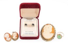 9CT GOLD CABOCHON JADEITE DRESS RING, the stone 10 x 9mms, size I, 2g; a pair of sapphire and cz