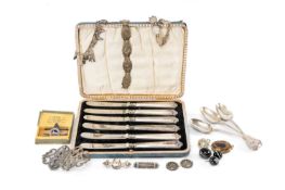 ASSORTED SILVER & JEWELLERY, including belt buckle, filigree bracelet, charm bracelet, 3d coin