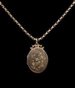 9CT GOLD OVAL FOLIATE ENGRAVED LOCKET, on yellow metal chain, 13.9g Provenance: private collection