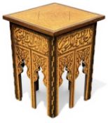ISLAMIC INLAID SQUARE TABLE, probably North African, with birdseye maple top bordered with rosewood,