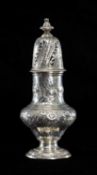 GEORGE III SILVER SUGAR CASTER, of baluster form, embossed with flowering foliage and engraved crest