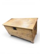 19TH CENTURY PINE BLANKET BOX, hinged lid with iron lock plate and clasp, interior fitted with glove