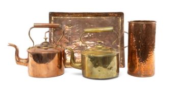 VICTORIAN COPPER KETTLE, 24cms (h); similar size Victorian brass kettle; Arts & Crafts period