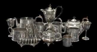 ASSORTED PLATED WARE, including three-piece oval EPBM tea set with engraved decoration, Georgian