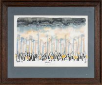 UNKNOWN (20th century) watercolour - whimsical scene with zebras and long-necked creatures,