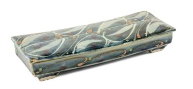 ‡ MARGARET FRITH, BROOKHOUSE POTTERY RECTANGULAR BOX & COVER, blue abstract pattern glaze, with