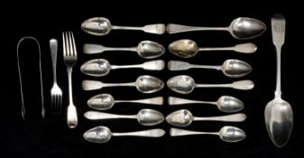 ASSORTED LOOSE FLATWARE, including pair of George III silver bright-cut sugar tongs by Hester