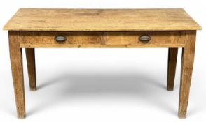 PINE KITCHEN TABLE, rectangular plank top, tapered square supports, 78 (h) x 152 (l) x 74cms (d)