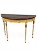 ARTHUR BRETT DEMILUNE CONSOLE TABLE, burr wood top, cream painted and gilded base with fluted turned