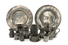 ASSORTED PEWTER WARE, including baluster and other measures, two plates, pepper pots (14)