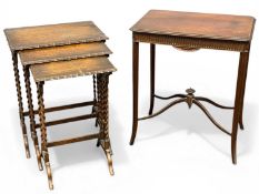 EDWARDIAN OAK NEST OF THREE TABLES, with pie crust rims and barley twist supports, 63 (h) x 51 (w) x