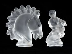 LALIQUE FROSTED GLASS FIGURE, depicting the goddess Diana holding a fawn, etched signature on base