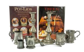 ANTIQUE PEWTER, including pair of circular candlesticks with baluster columns, 24cms (h); four