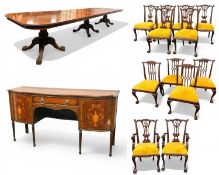 GOOD QUALITY REPRODUCTION MAHOGANY DINING FURNITURE, twin pedestal table with carved supports, three