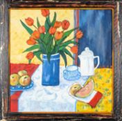C. WILDING oil on canvas - still life with red tulips in blue vase, signed lower left, 58.5 x 58.