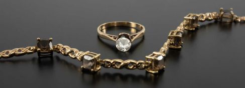 9CT GOLD RING, solitaire clear stone (loose), 1.4g; with a yellow metal and amber stone bracelet