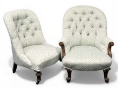 TWO VICTORIAN NURSING CHAIRS, light blue patterned upholstery, 85 (h) x 72 (w) x 80cms (d) the