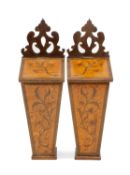 PAIR OF SATINWOOD & INLAID CANDLE BOXES, in the Georgian style, each with a fretwork back, sloping